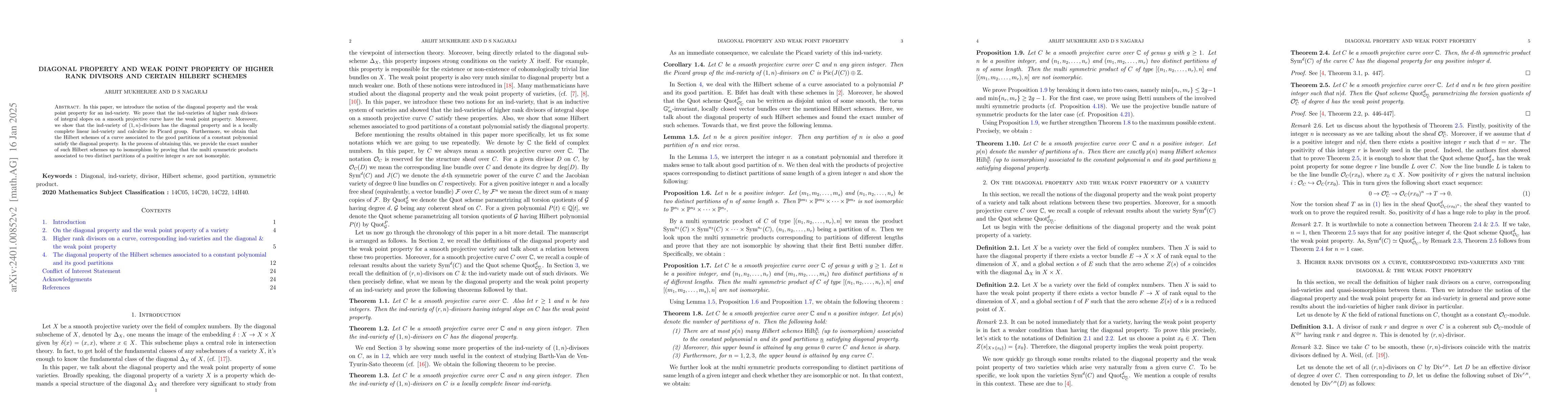 Thumbnail for Diagonal property and weak point property of higher rank divisors and
  certain Hilbert schemes