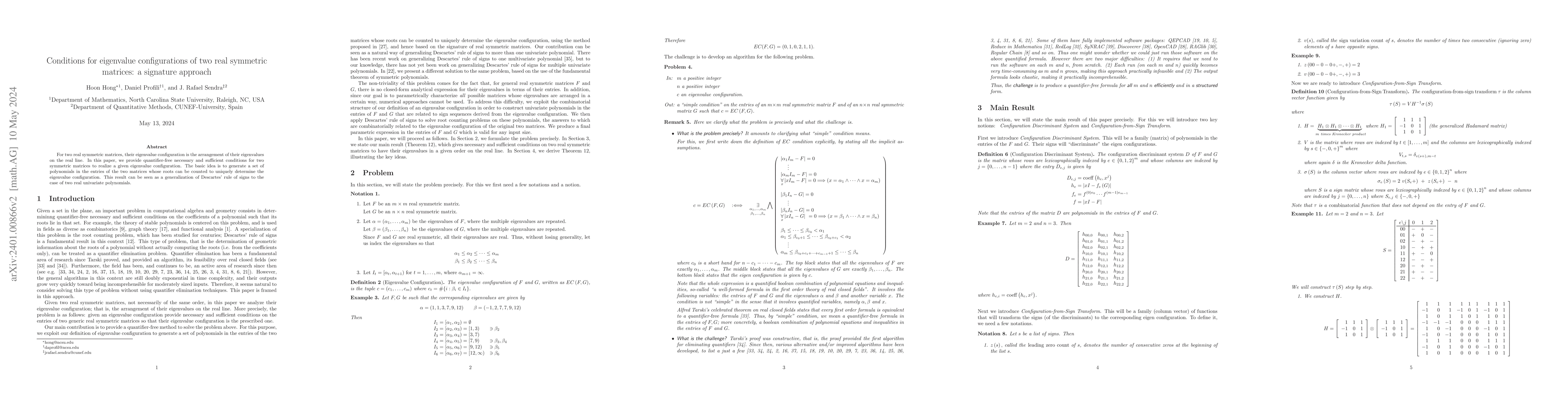 Thumbnail for Conditions for eigenvalue configurations of two real symmetric matrices:
  a signature approach
