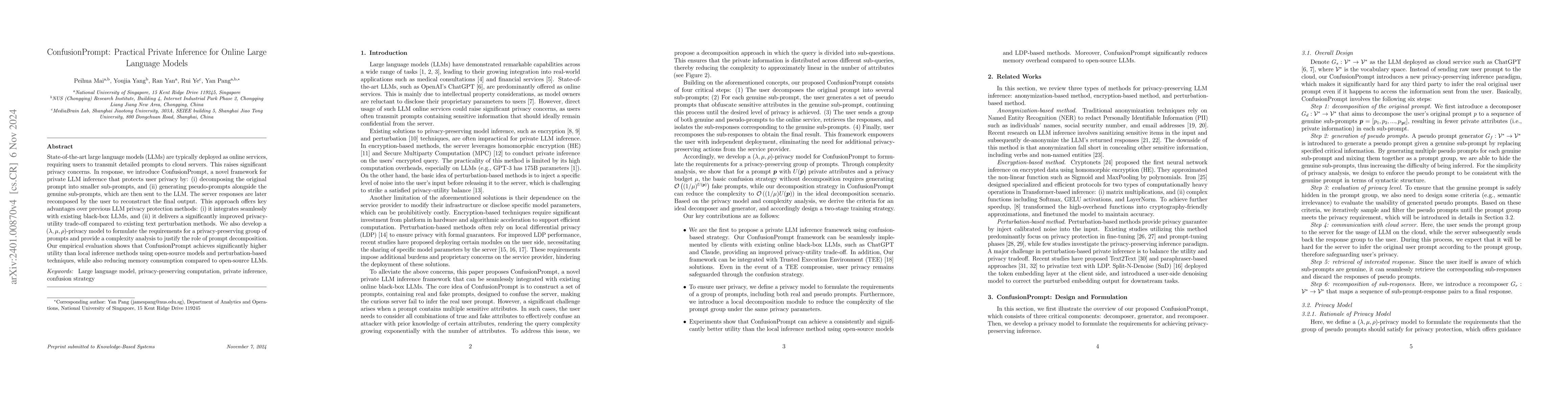 Thumbnail for ConfusionPrompt: Practical Private Inference for Online Large Language
  Models