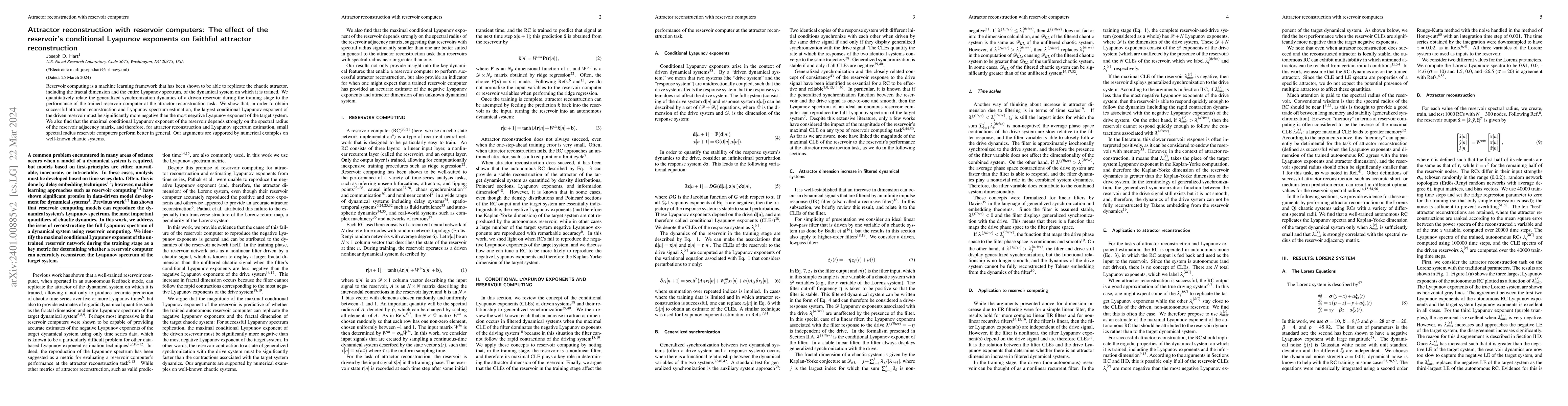 Thumbnail for Attractor reconstruction with reservoir computers: The effect of the
  reservoir's conditional Lyapunov exponents on faithful attractor
  reconstruction