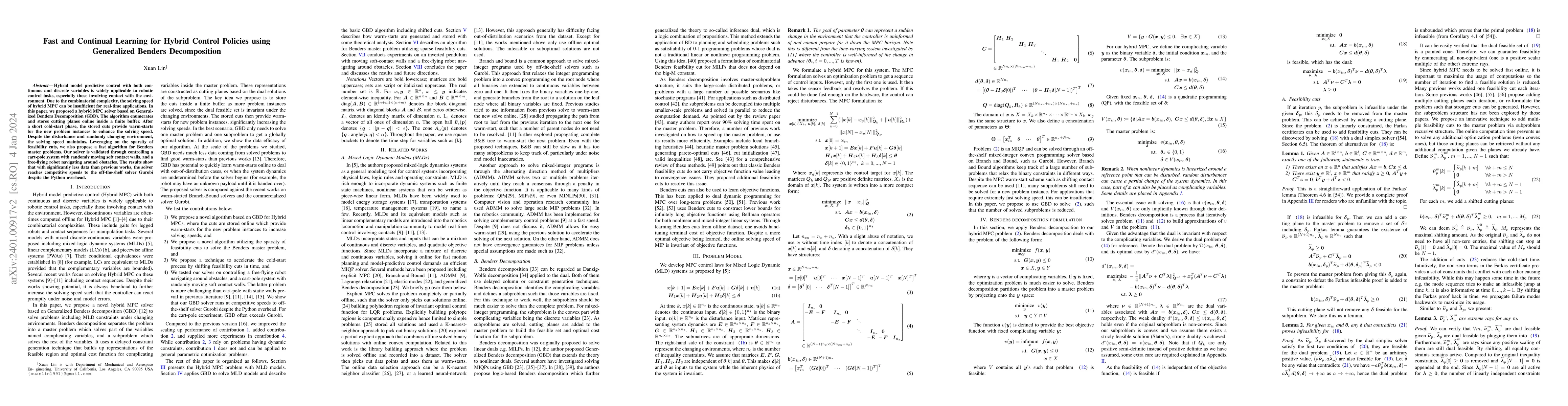 Thumbnail for Fast and Continual Learning for Hybrid Control Policies using
  Generalized Benders Decomposition