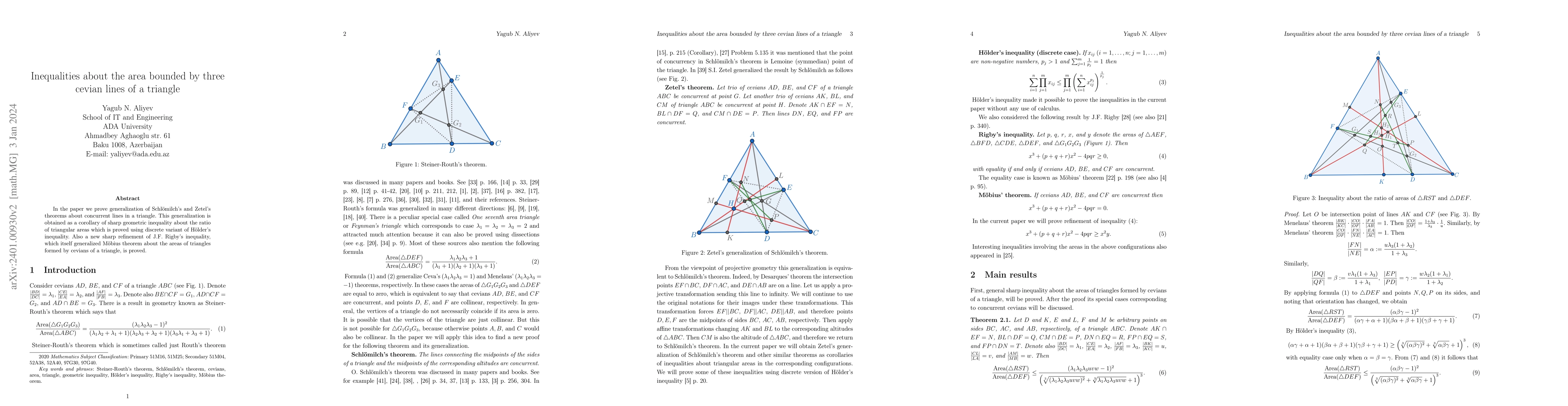 Thumbnail for Inequalities about the area bounded by three cevian lines of a triangle