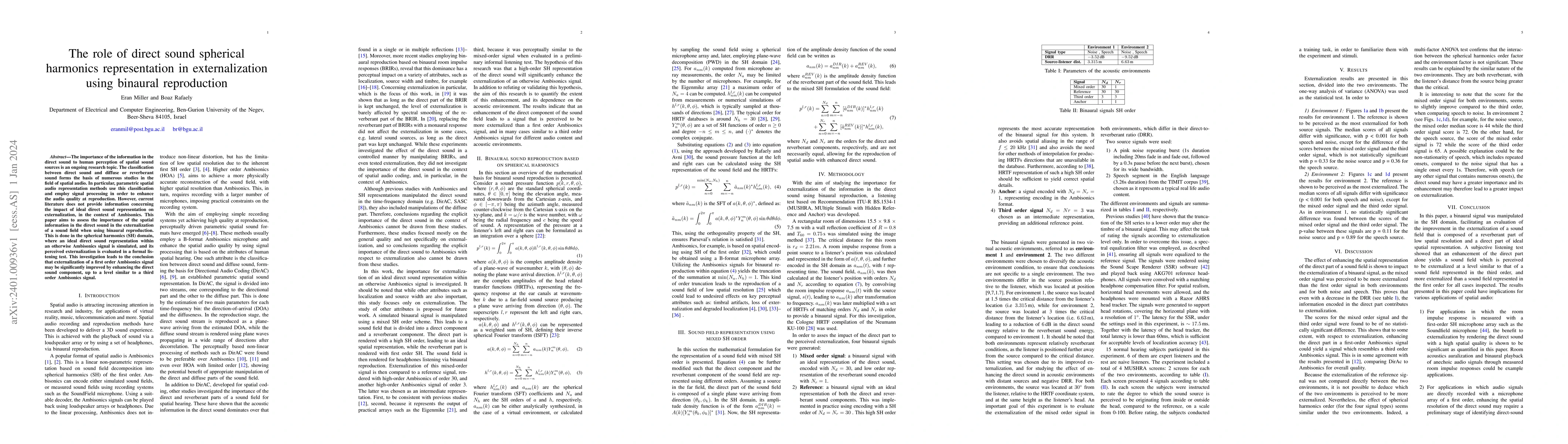 Thumbnail for The role of direct sound spherical harmonics representation in
  externalization using binaural reproduction