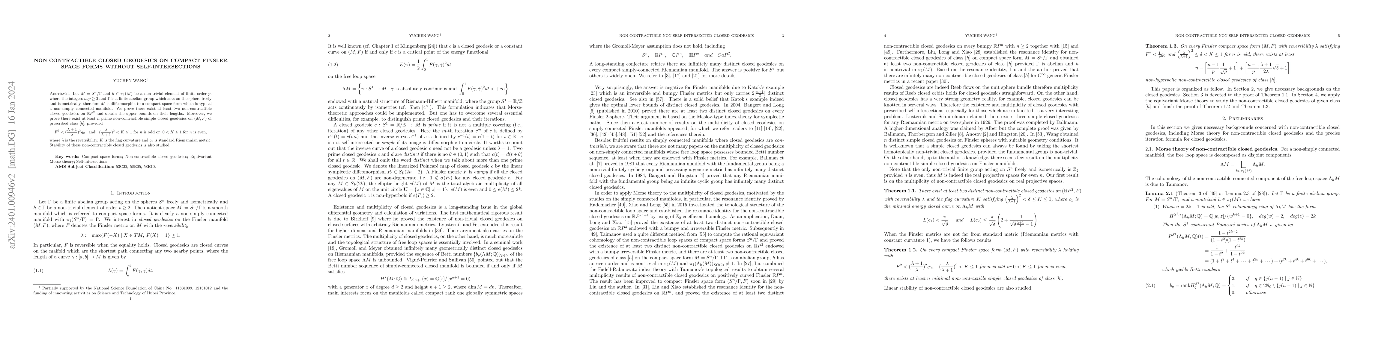 Thumbnail for Non-contractible closed geodesics on compact Finsler space forms without
  self-intersections