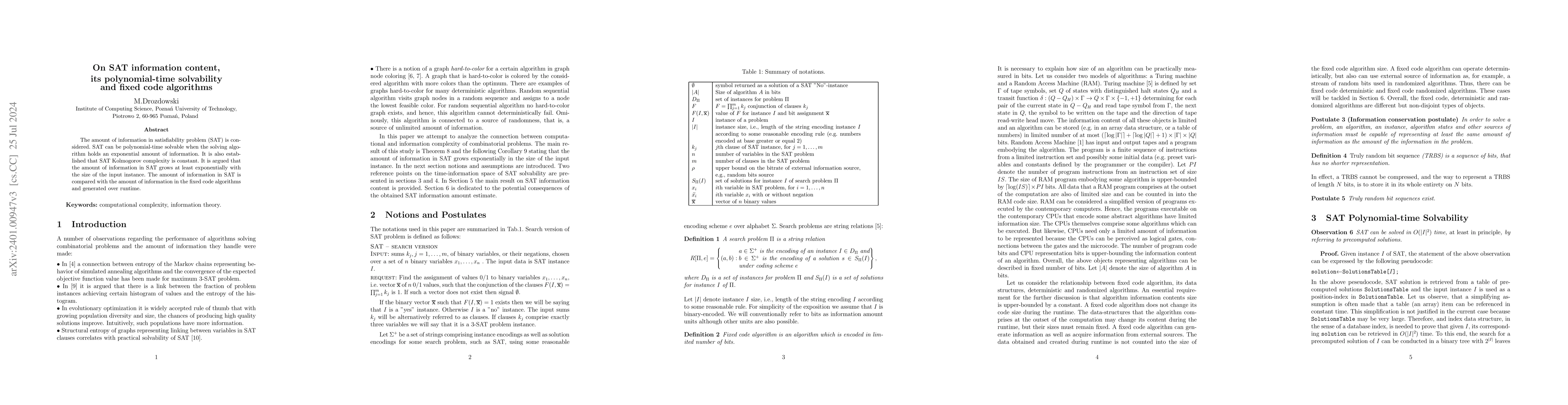 Thumbnail for On SAT information content, its polynomial-time solvability and fixed
  code algorithms