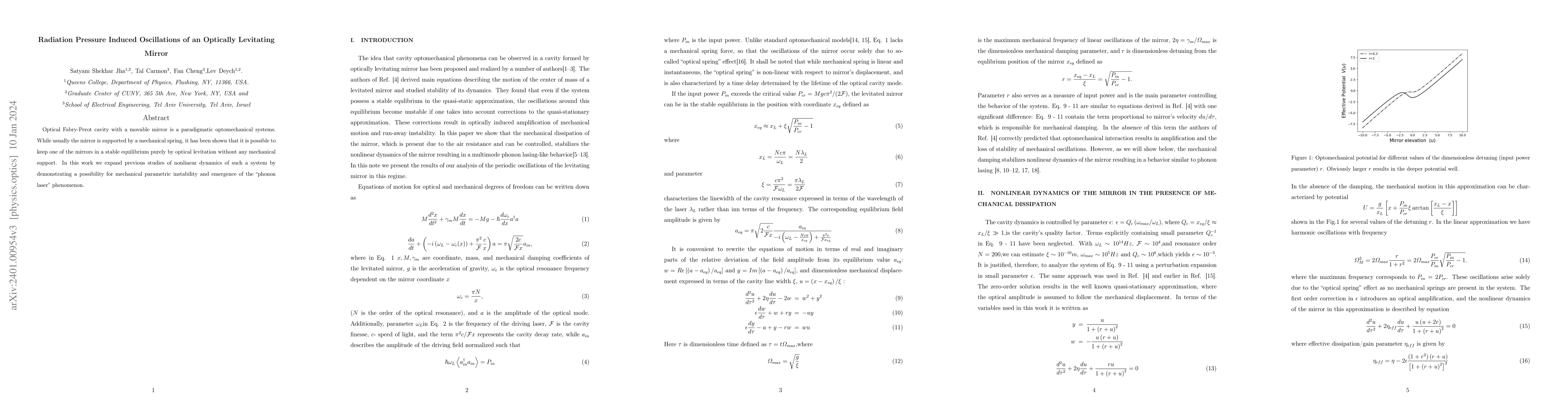 Thumbnail for Radiation Pressure Induced Oscillations of an Optically Levitating
  Mirror