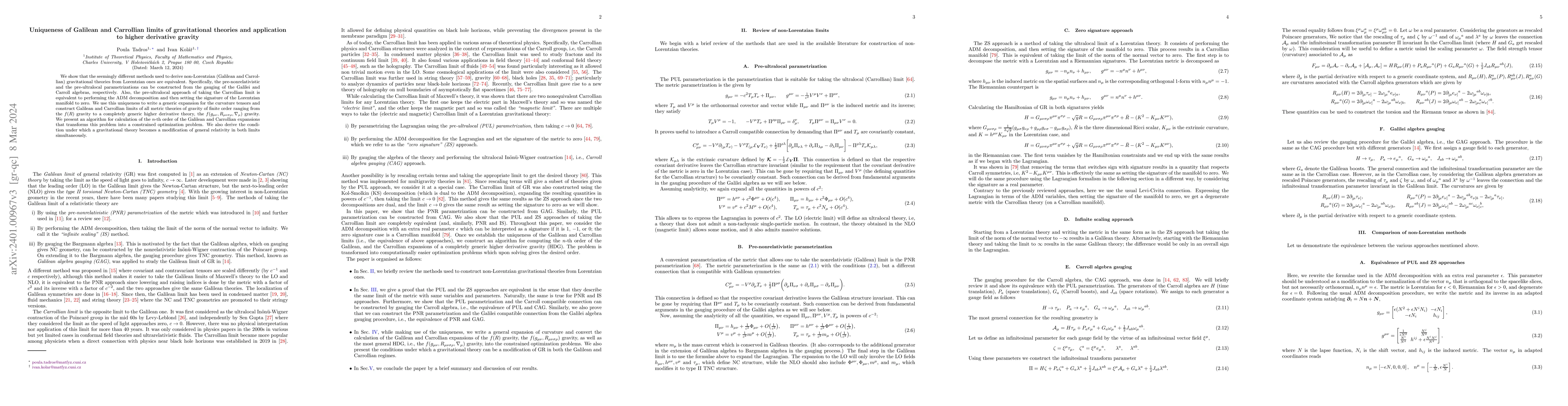 Thumbnail for Uniqueness of Galilean and Carrollian limits of gravitational theories
  and application to higher derivative gravity