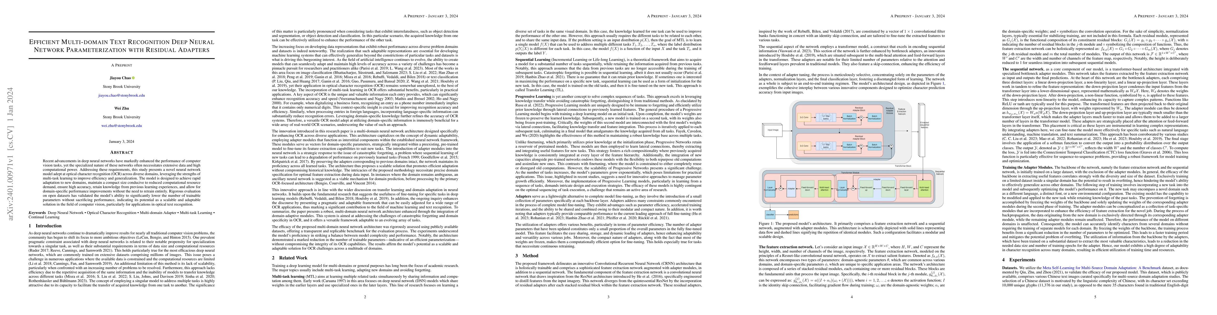 Thumbnail for Efficient Multi-domain Text Recognition Deep Neural Network
  Parameterization with Residual Adapters