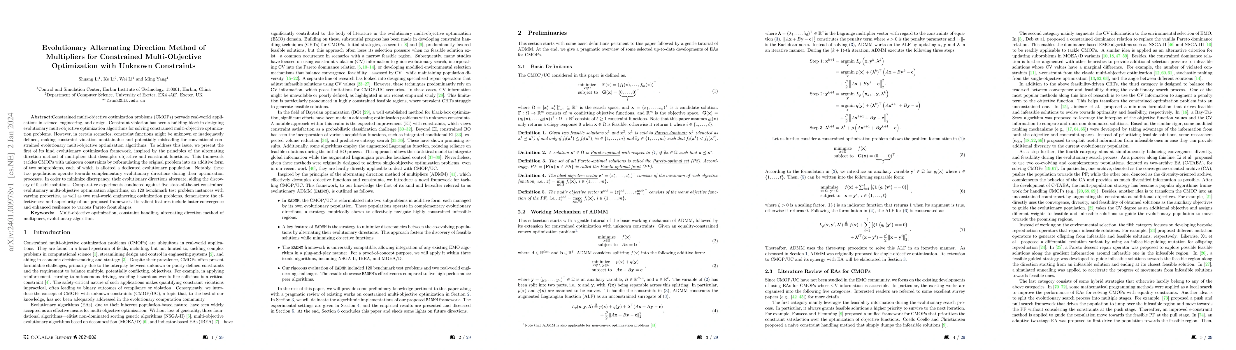 Thumbnail for Evolutionary Alternating Direction Method of Multipliers for Constrained
  Multi-Objective Optimization with Unknown Constraints