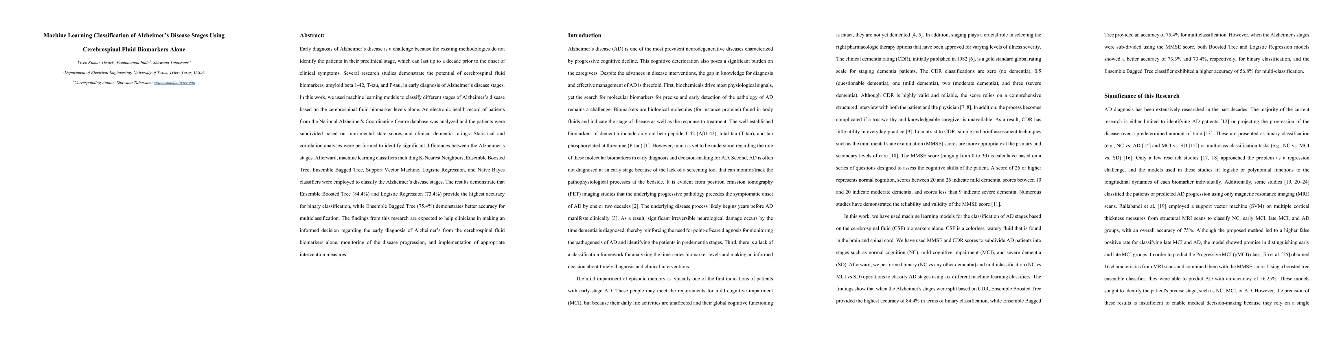 Thumbnail for Machine Learning Classification of Alzheimer's Disease Stages Using
  Cerebrospinal Fluid Biomarkers Alone