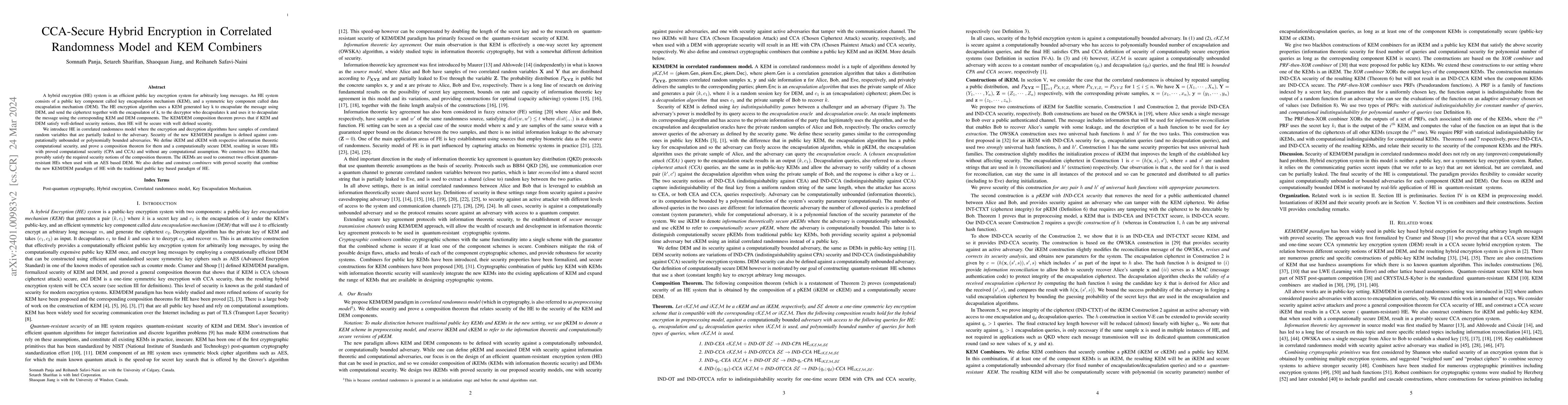 Thumbnail for CCA-Secure Hybrid Encryption in Correlated Randomness Model and KEM
  Combiners