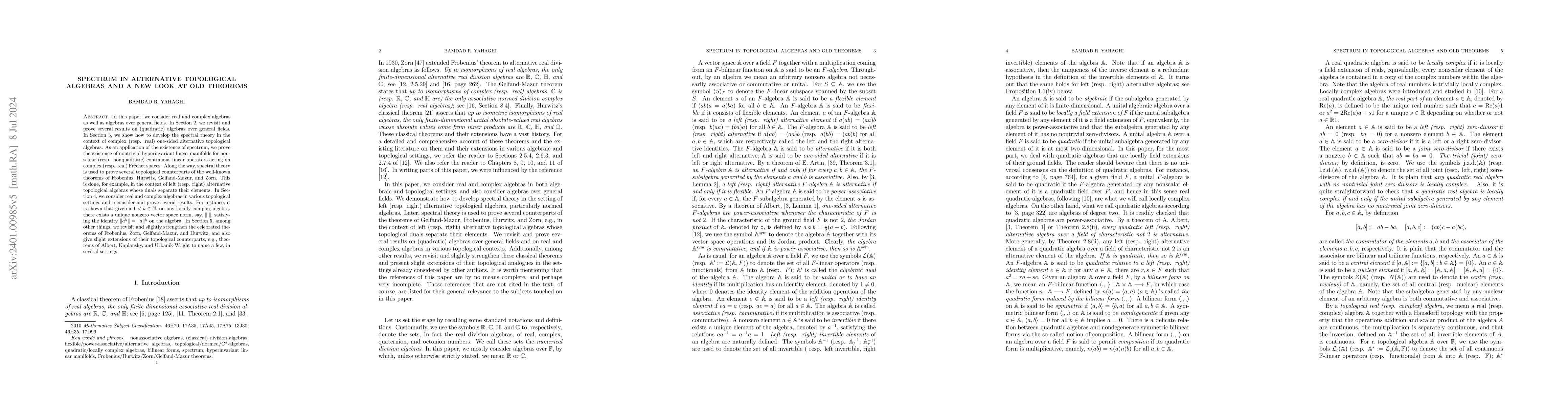 Thumbnail for Spectrum in alternative topological algebras and a new look at old
  theorems