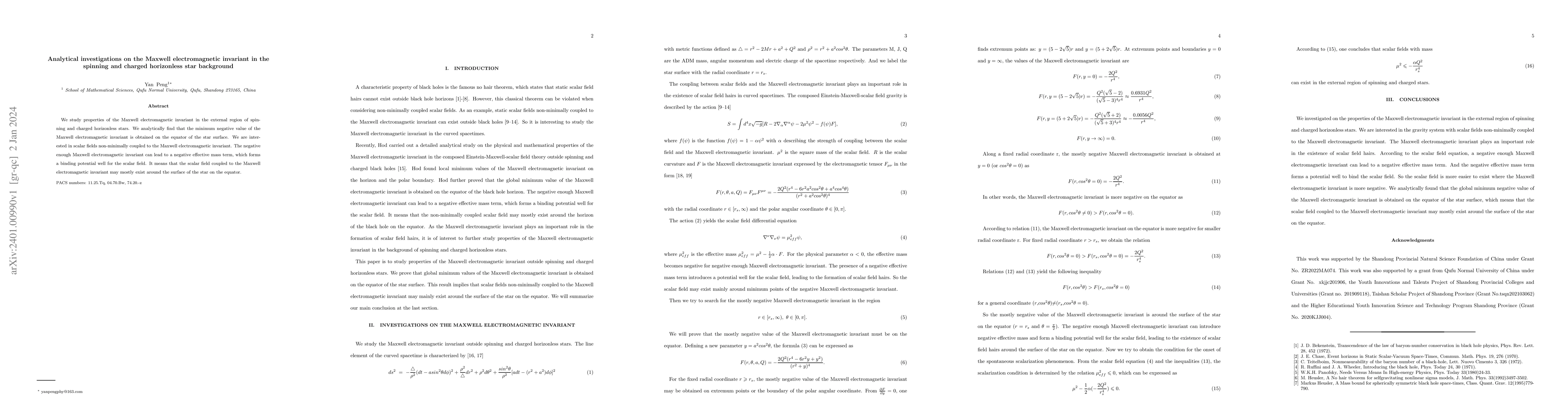 Thumbnail for Analytical investigations on the Maxwell electromagnetic invariant in
  the spinning and charged horizonless star background