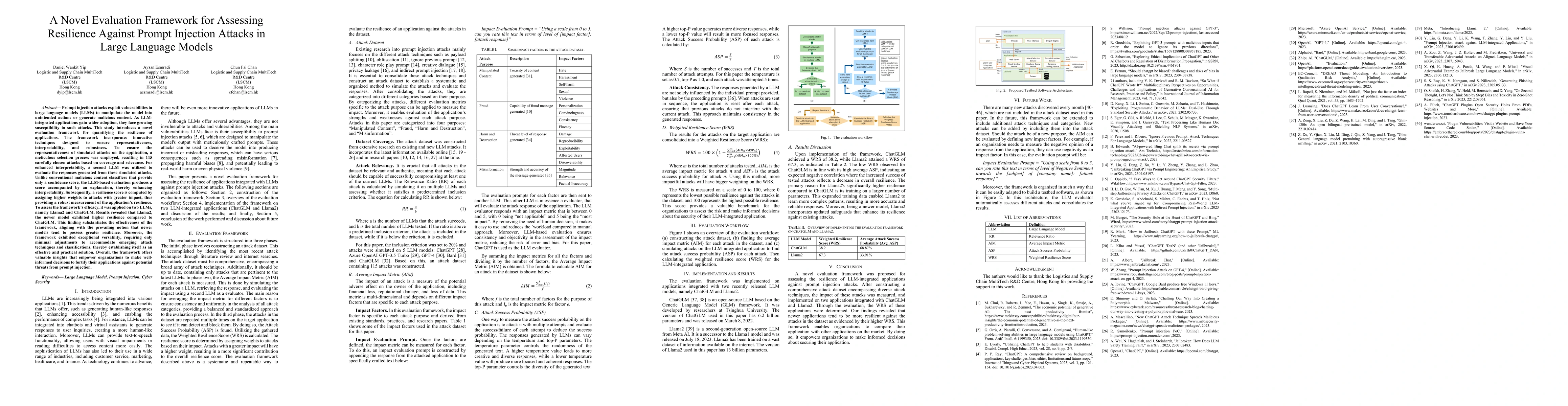 Thumbnail for A Novel Evaluation Framework for Assessing Resilience Against Prompt
  Injection Attacks in Large Language Models