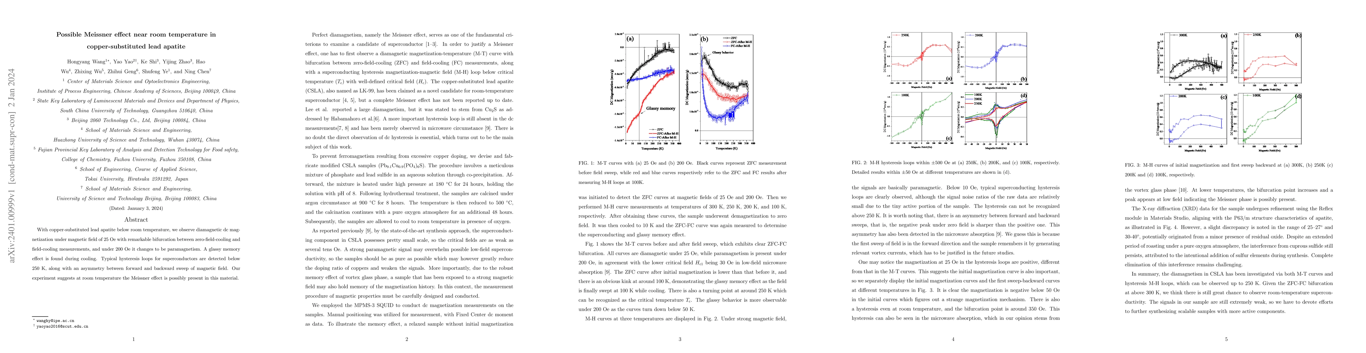 Thumbnail for Possible Meissner effect near room temperature in copper-substituted
  lead apatite