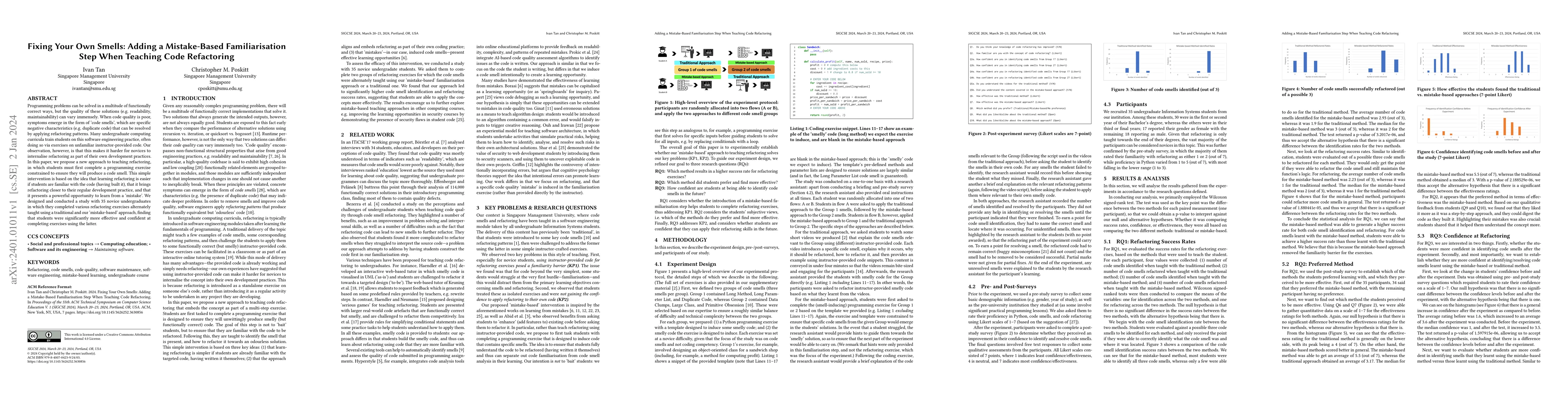 Thumbnail for Fixing Your Own Smells: Adding a Mistake-Based Familiarisation Step When
  Teaching Code Refactoring