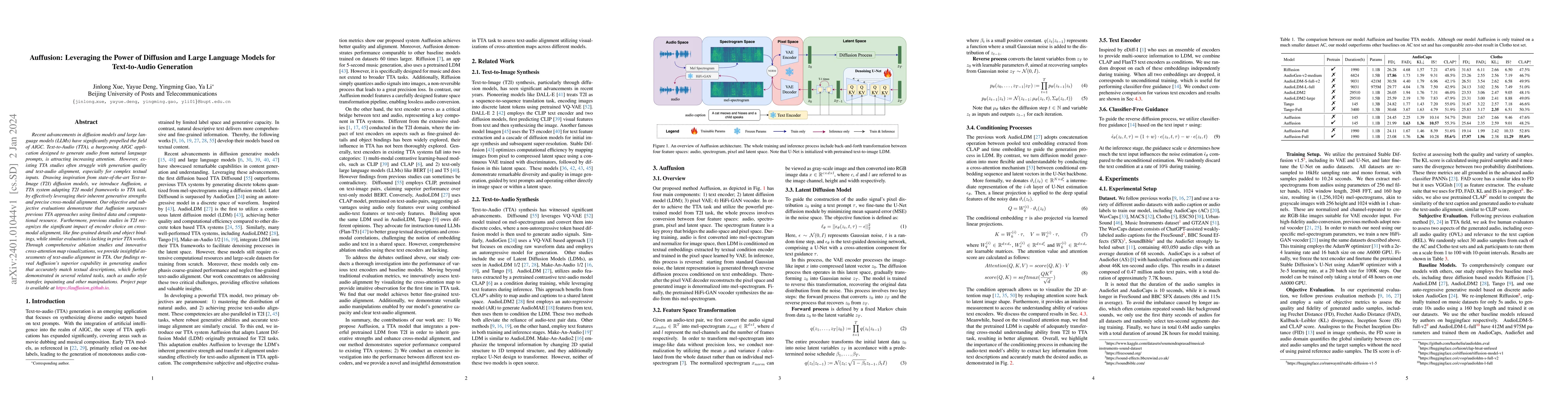 Thumbnail for Auffusion: Leveraging the Power of Diffusion and Large Language Models
  for Text-to-Audio Generation
