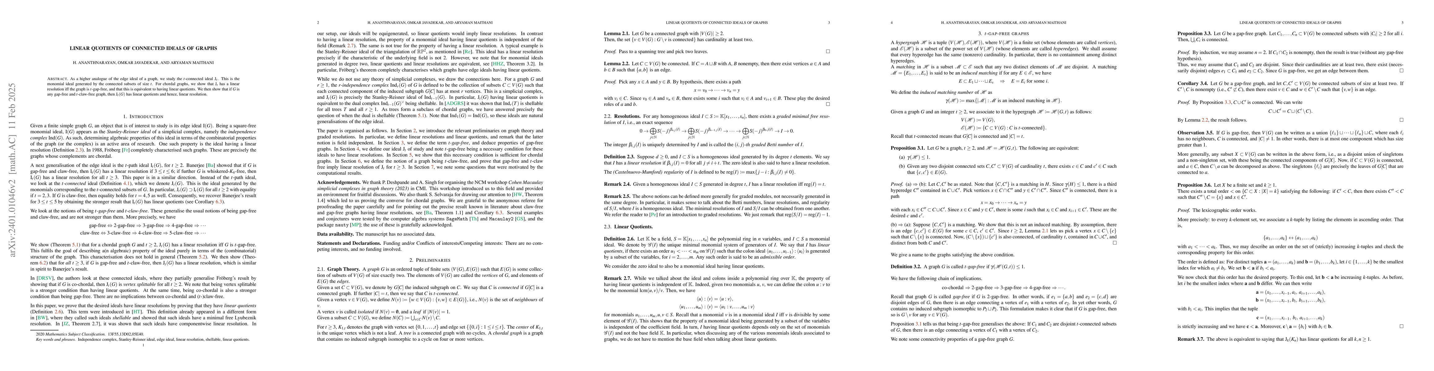 Thumbnail for Linear quotients of connected ideals of graphs