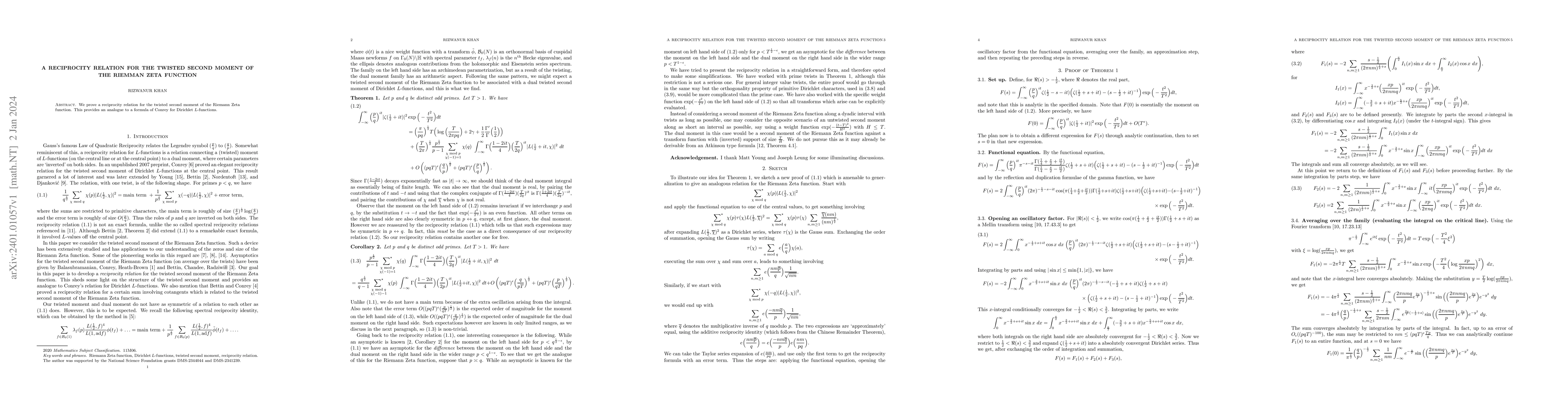 Thumbnail for A reciprocity relation for the twisted second moment of the Riemman Zeta
  function