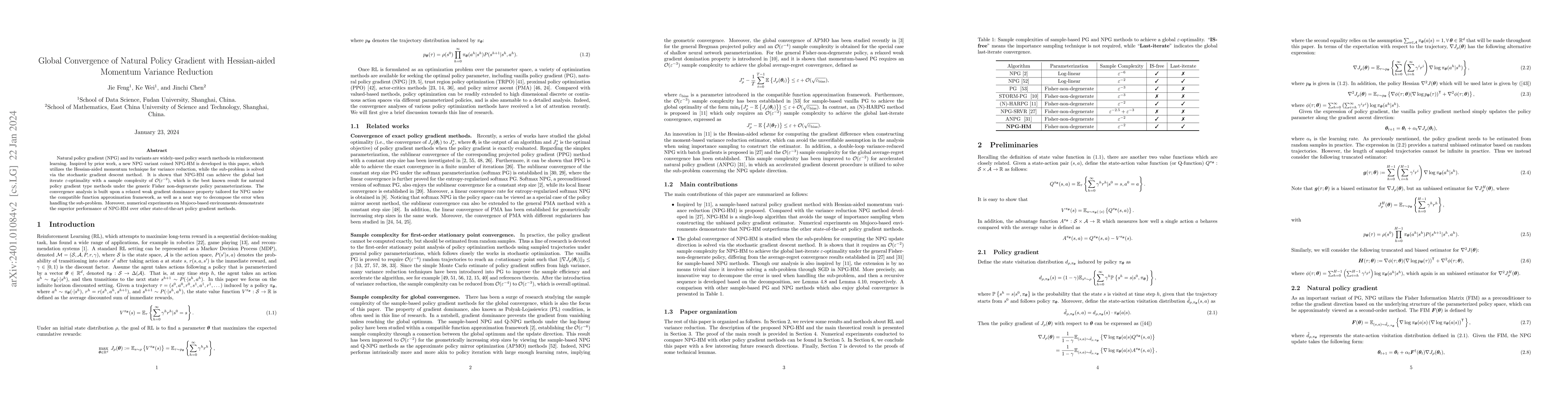 Thumbnail for Global Convergence of Natural Policy Gradient with Hessian-aided
  Momentum Variance Reduction