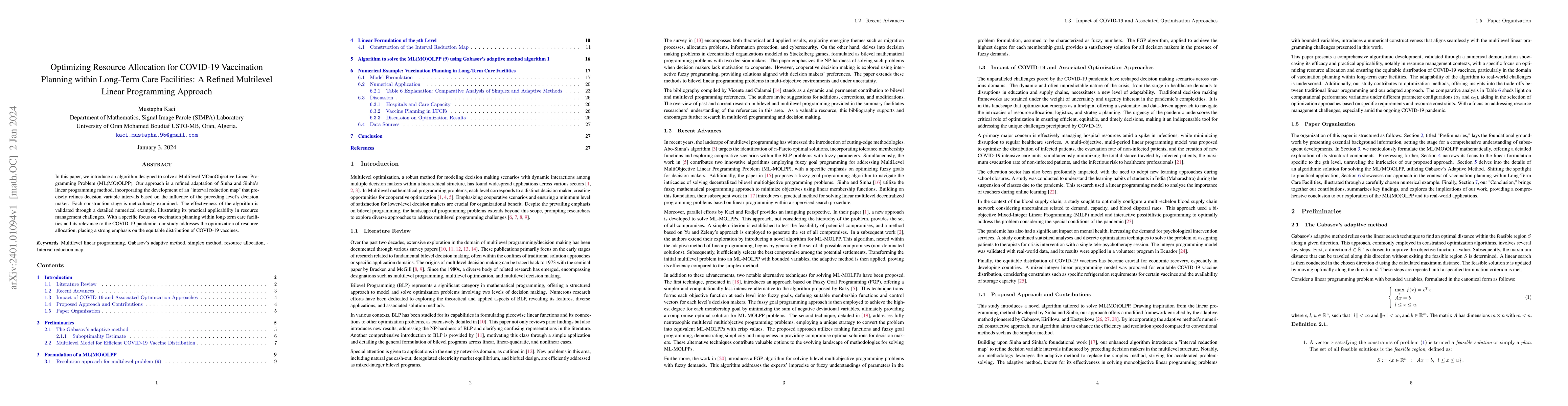 Thumbnail for Optimizing Resource Allocation for COVID-19 Vaccination Planning within
  Long-Term Care Facilities: A Refined Multilevel Linear Programming Approach