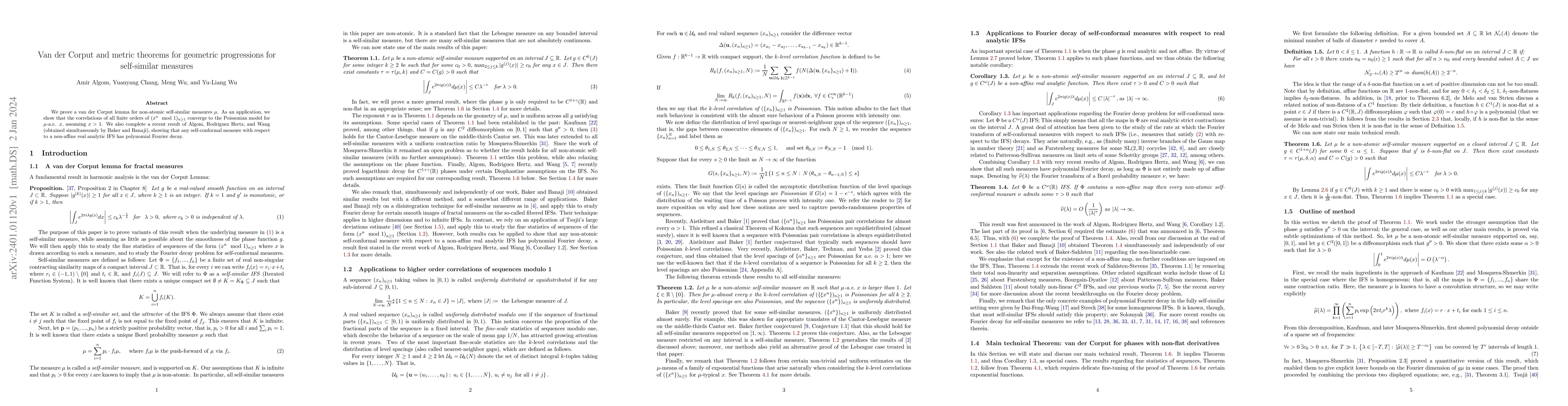 Thumbnail for Van der Corput and metric theorems for geometric progressions for
  self-similar measures
