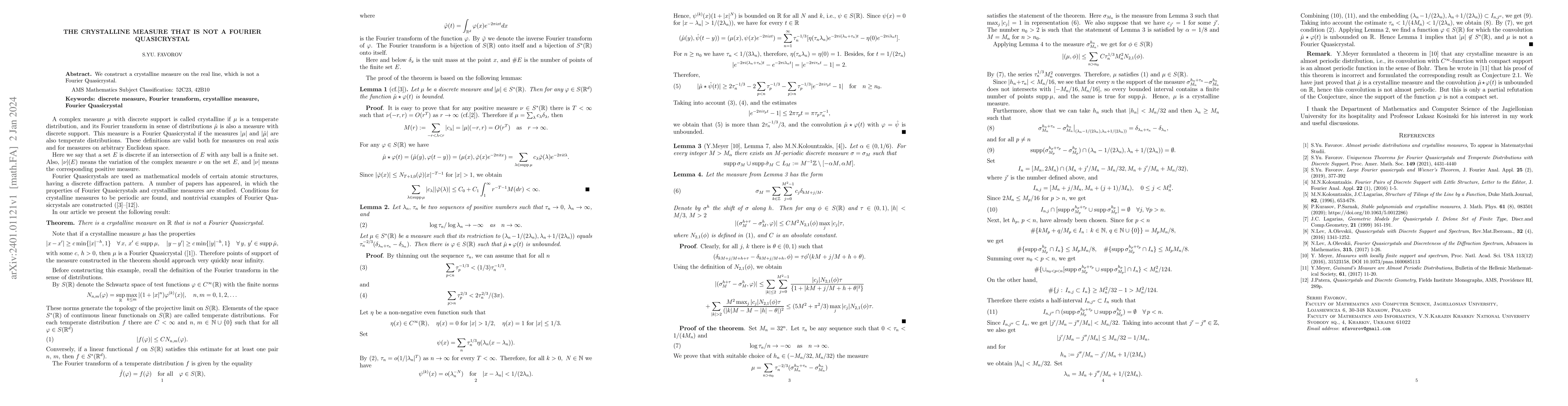 Thumbnail for The crystalline measure that is not a Fourier Quasicrystal