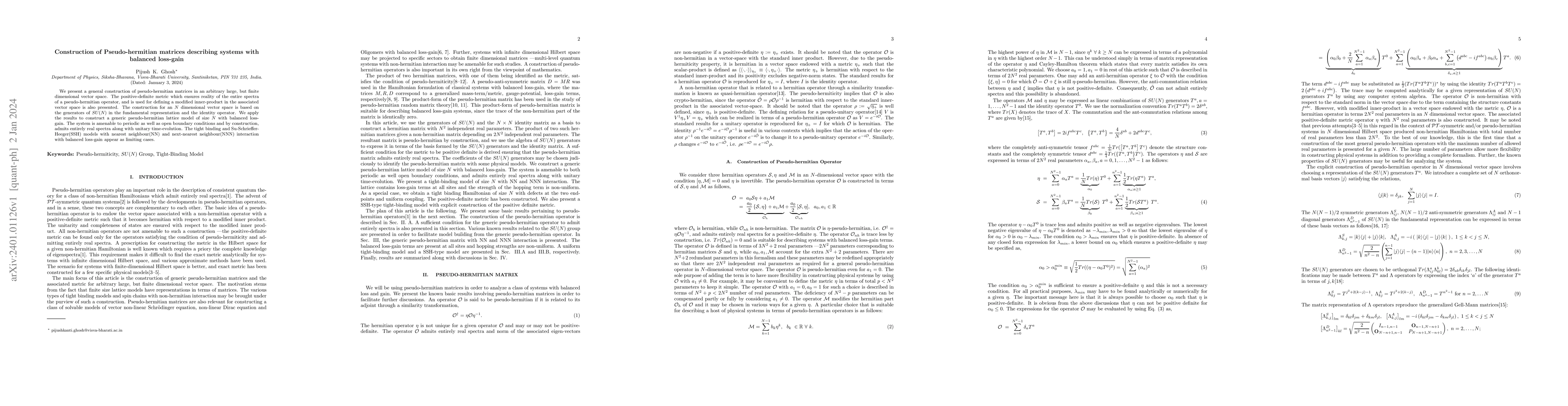 Thumbnail for Construction of Pseudo-hermitian matrices describing systems with
  balanced loss-gain