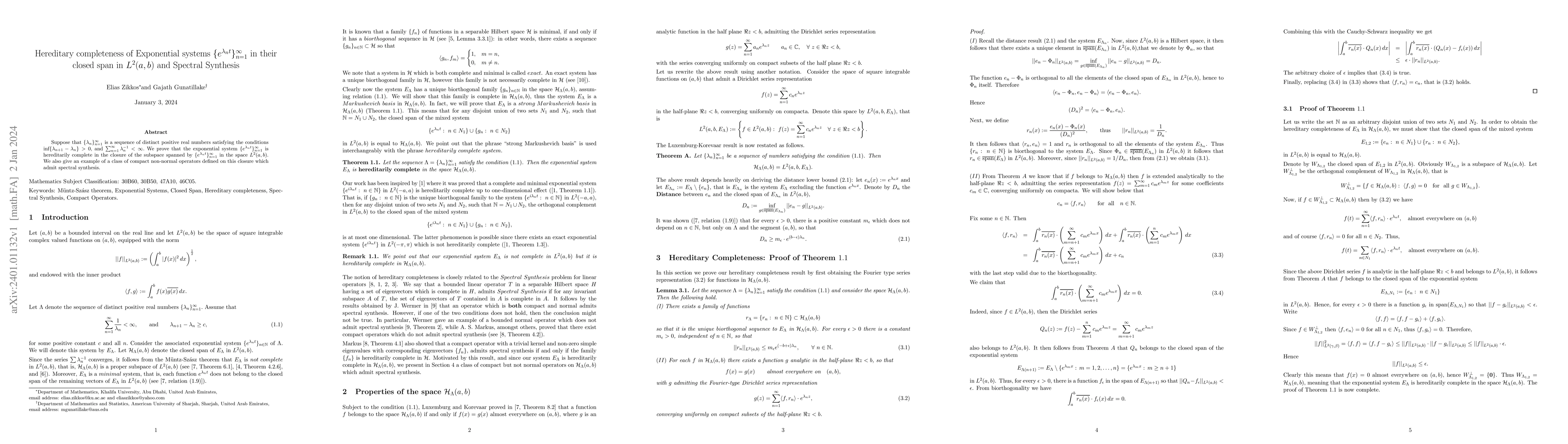 Thumbnail for Hereditary completeness of Exponential systems $\{e^{\lambda_n
  t}\}_{n=1}^{\infty}$ in their closed span in $L^2 (a, b)$ and Spectral
  Synthesis