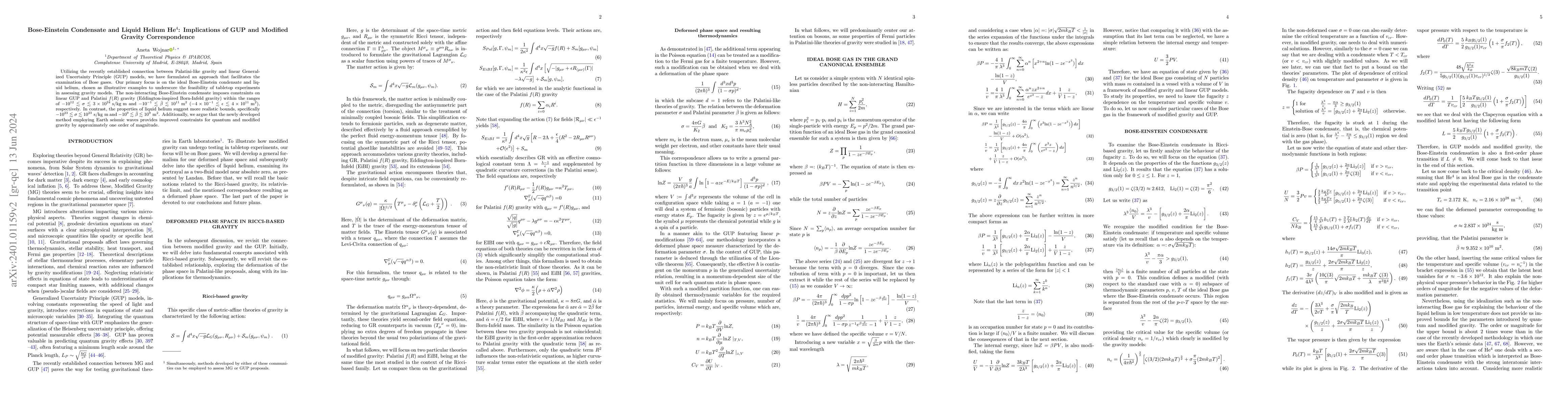 Thumbnail for Bose-Einstein Condensate and Liquid Helium He$^4$: Implications of GUP
  and Modified Gravity Correspondence