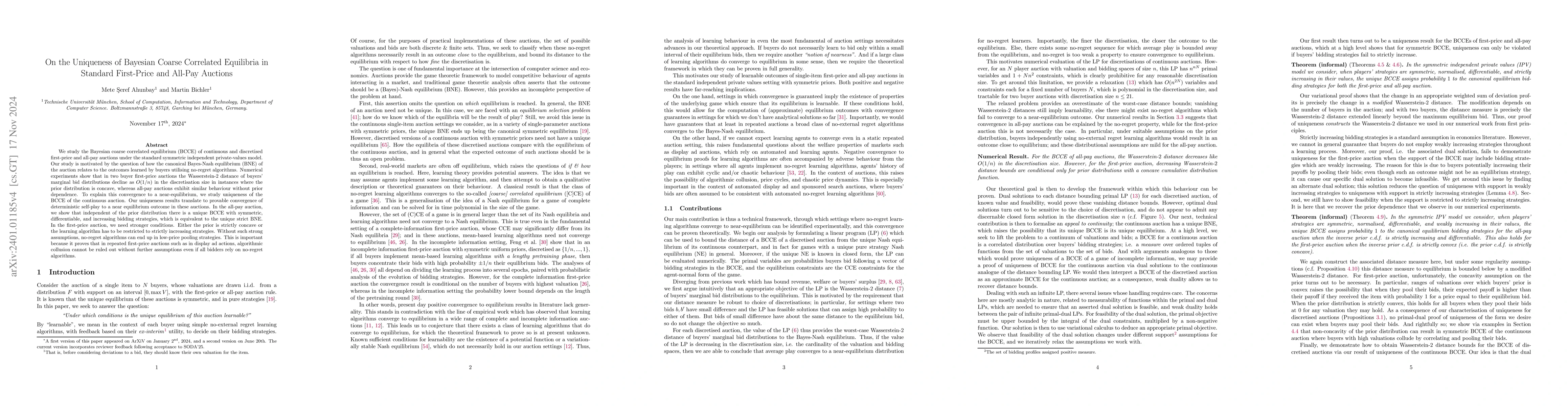 Thumbnail for On the Uniqueness of Bayesian Coarse Correlated Equilibria in Standard
  First-Price and All-Pay Auctions