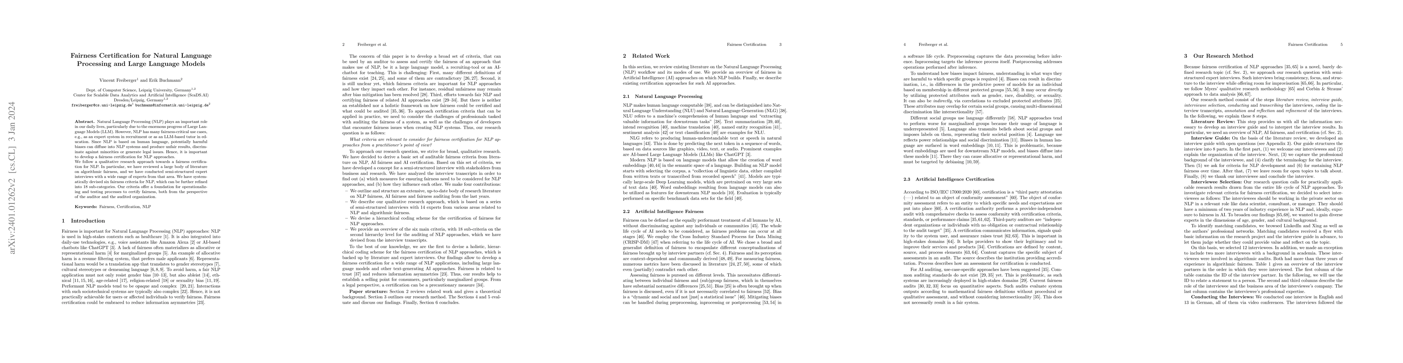 Thumbnail for Fairness Certification for Natural Language Processing and Large
  Language Models