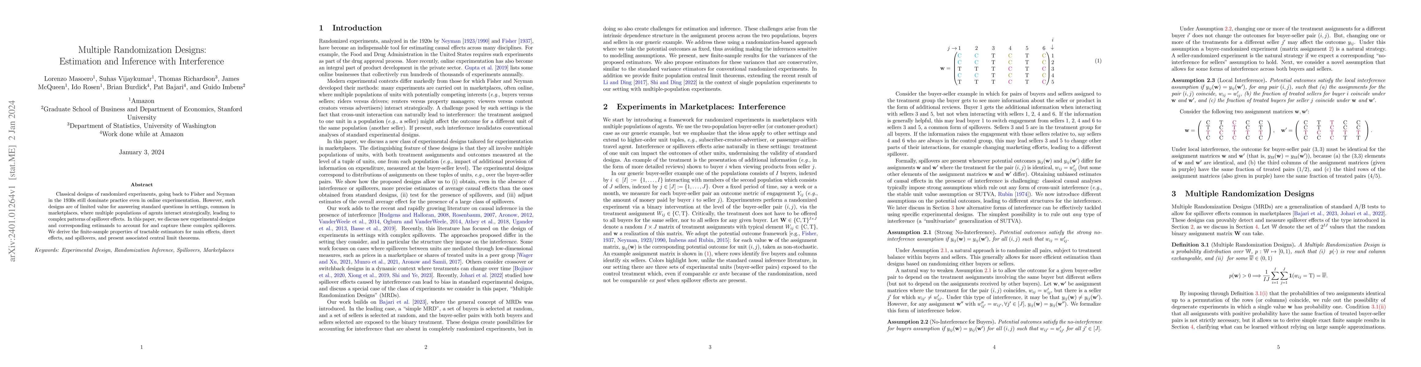 Thumbnail for Multiple Randomization Designs: Estimation and Inference with
  Interference
