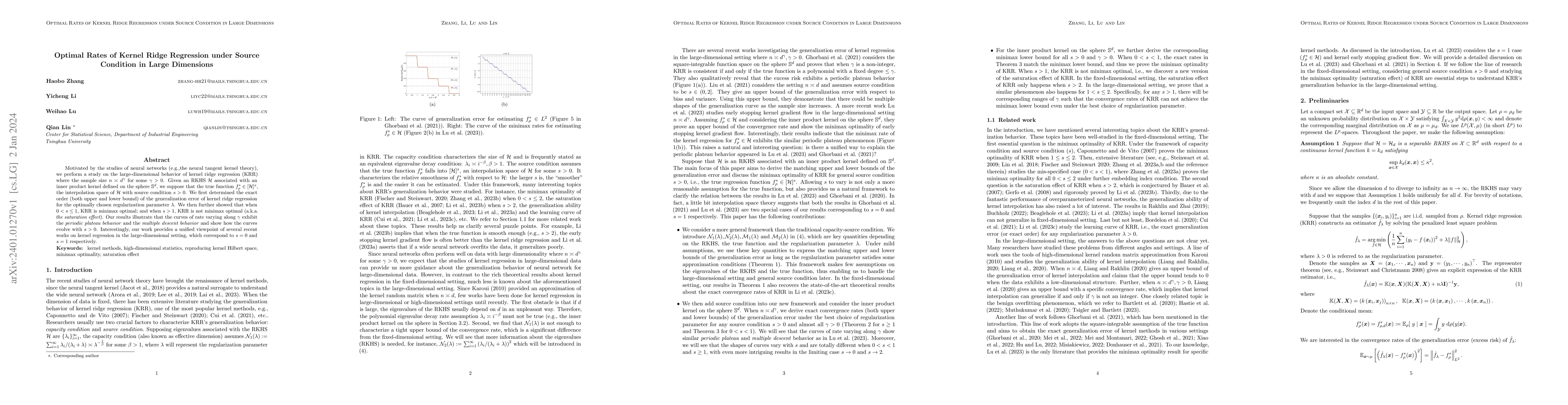 Thumbnail for Optimal Rates of Kernel Ridge Regression under Source Condition in Large
  Dimensions