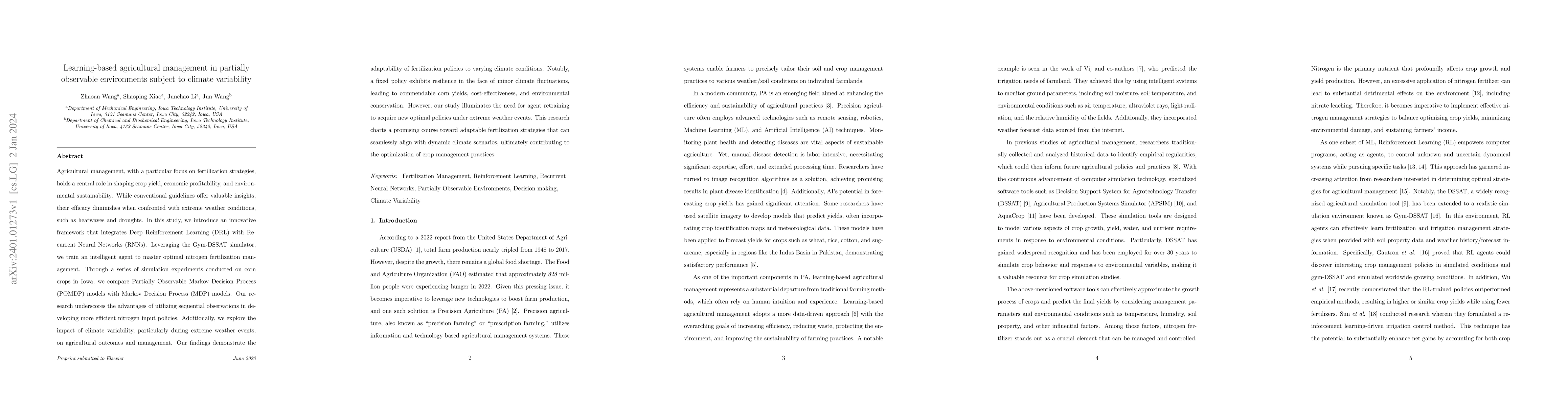 Thumbnail for Learning-based agricultural management in partially observable
  environments subject to climate variability