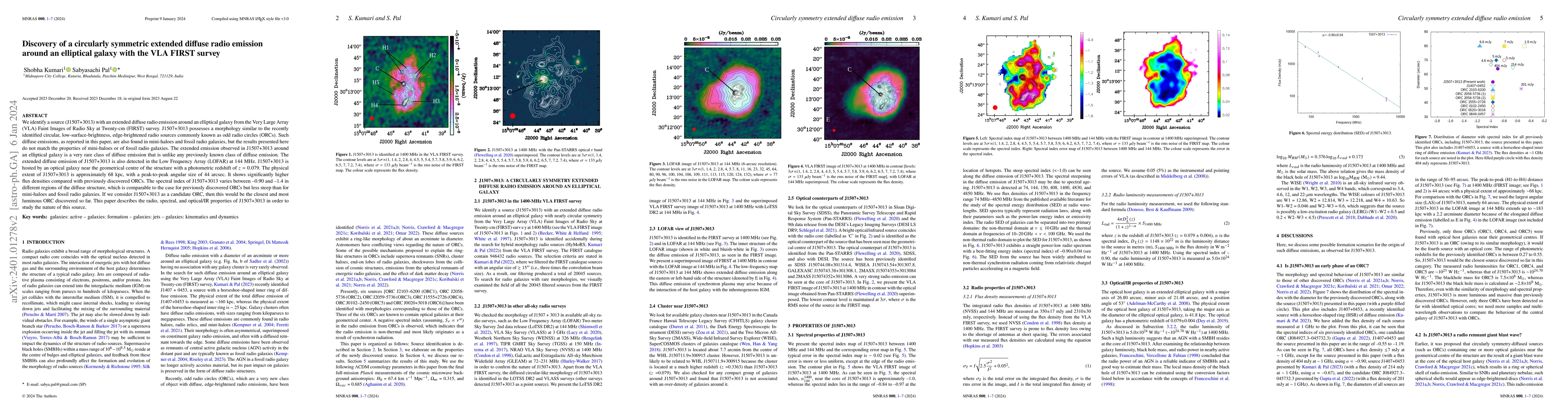 Thumbnail for Discovery of a circularly symmetric extended diffuse radio emission
  around an elliptical galaxy with the VLA FIRST survey