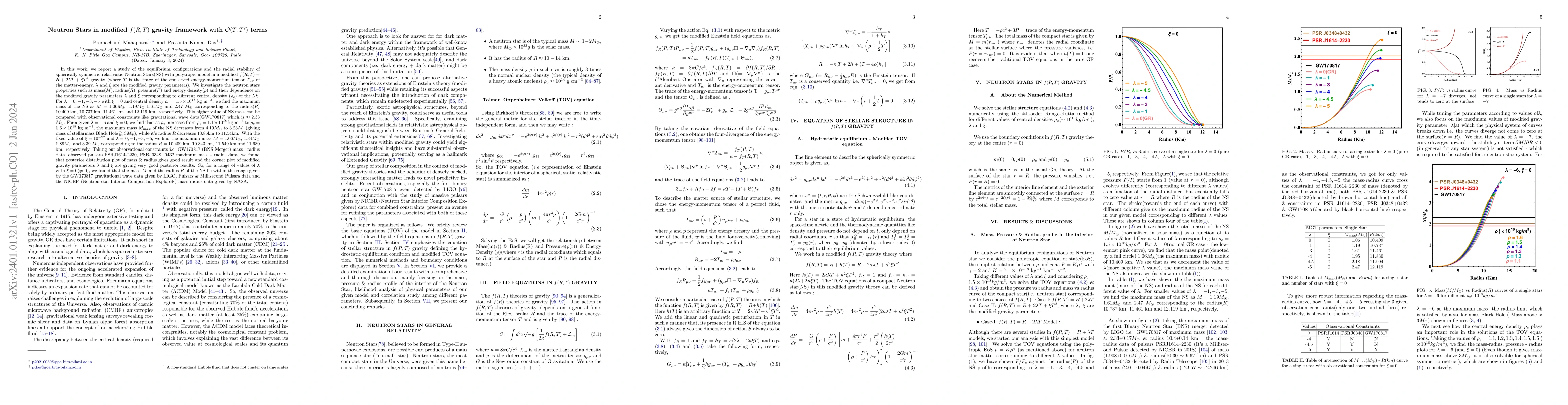 Thumbnail for Neutron Stars in modified $f(R,T)$ gravity framework with
  $\mathcal{O}(T, T^2)$ terms