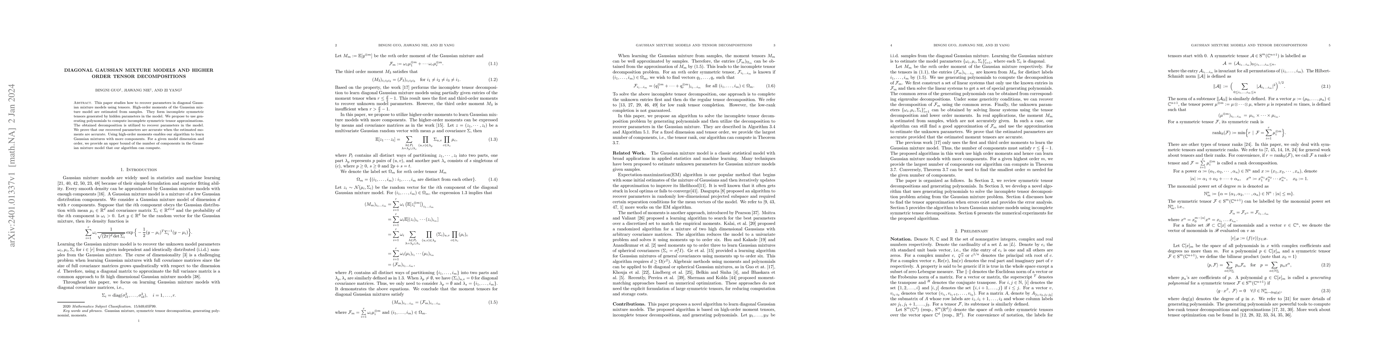 Thumbnail for Diagonal Gaussian Mixture Models and Higher Order Tensor Decompositions