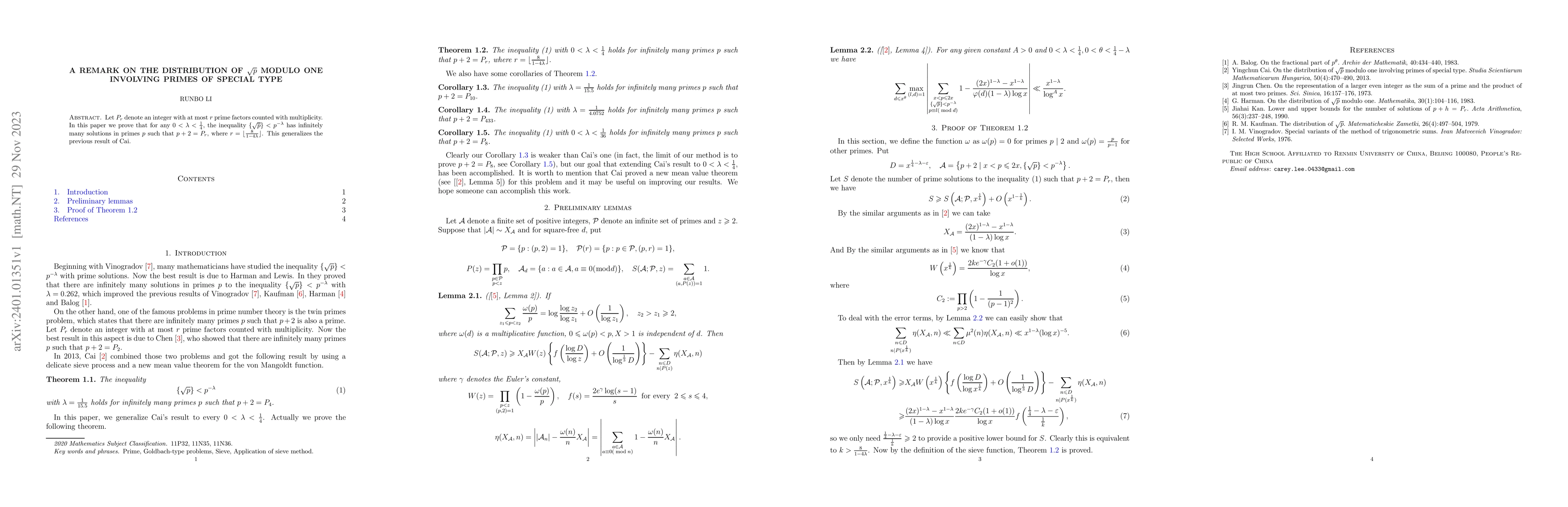 Thumbnail for A remark on the distribution of $\sqrt{p}$ modulo one involving primes
  of special type