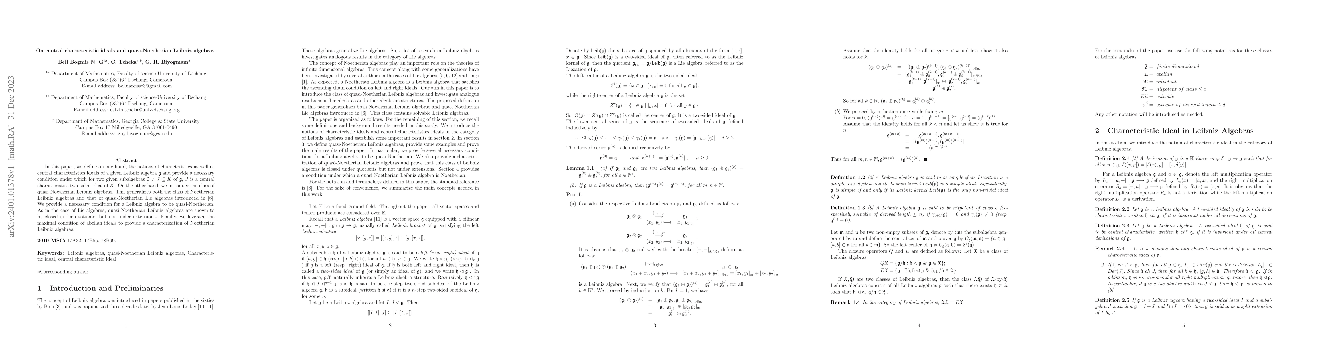 Thumbnail for On central characteristic ideals and quasi-Noetherian Leibniz algebras