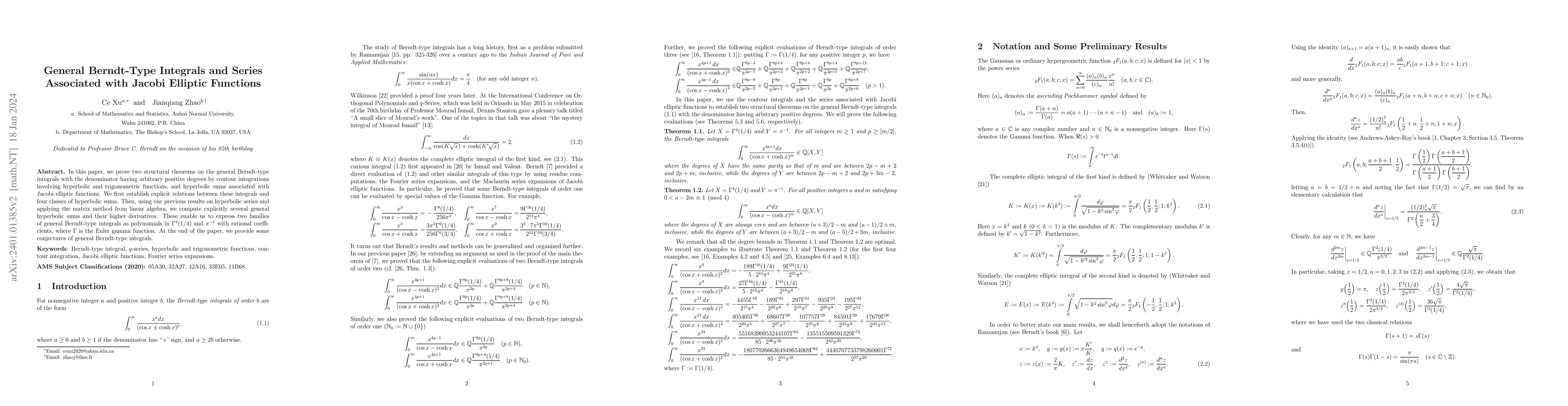Thumbnail for General Berndt-Type Integrals and Series Associated with Jacobi Elliptic
  Functions