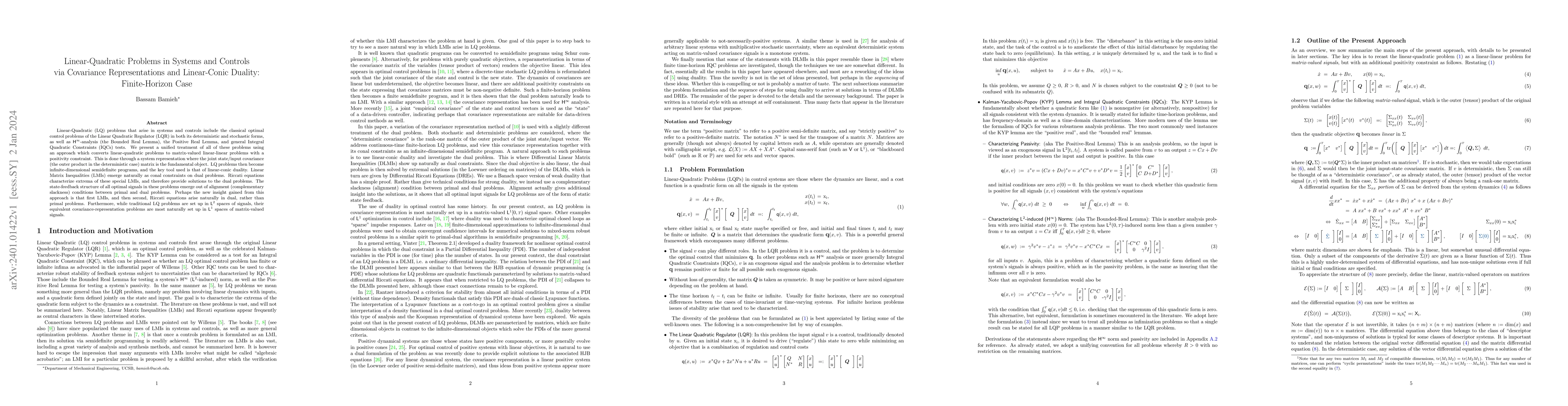Thumbnail for Linear-Quadratic Problems in Systems and Controls via Covariance
  Representations and Linear-Conic Duality: Finite-Horizon Case