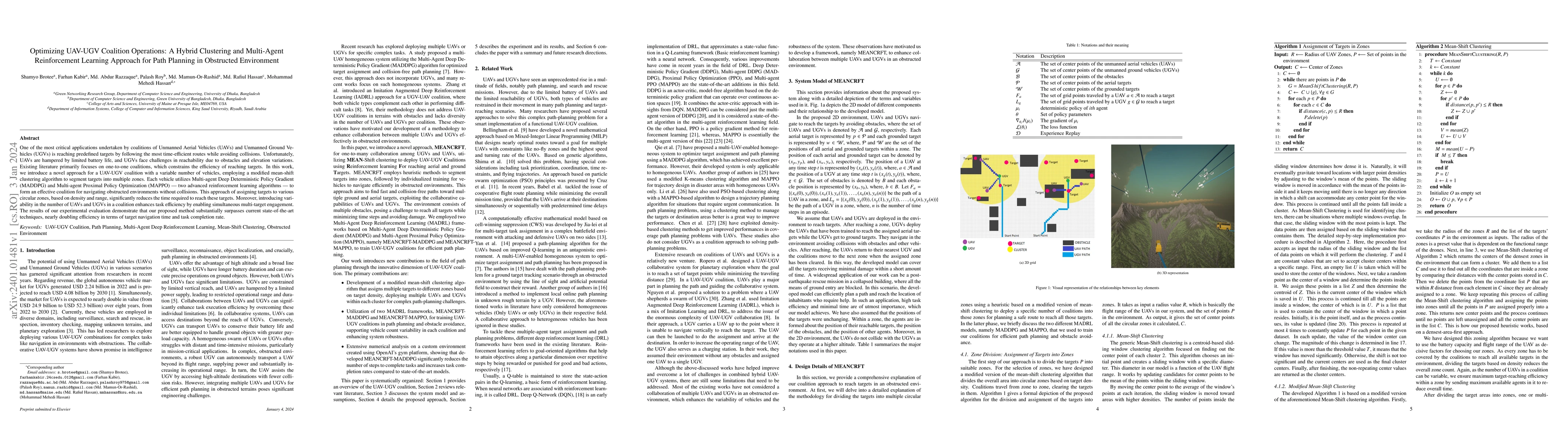Thumbnail for Optimizing UAV-UGV Coalition Operations: A Hybrid Clustering and
  Multi-Agent Reinforcement Learning Approach for Path Planning in Obstructed
  Environment