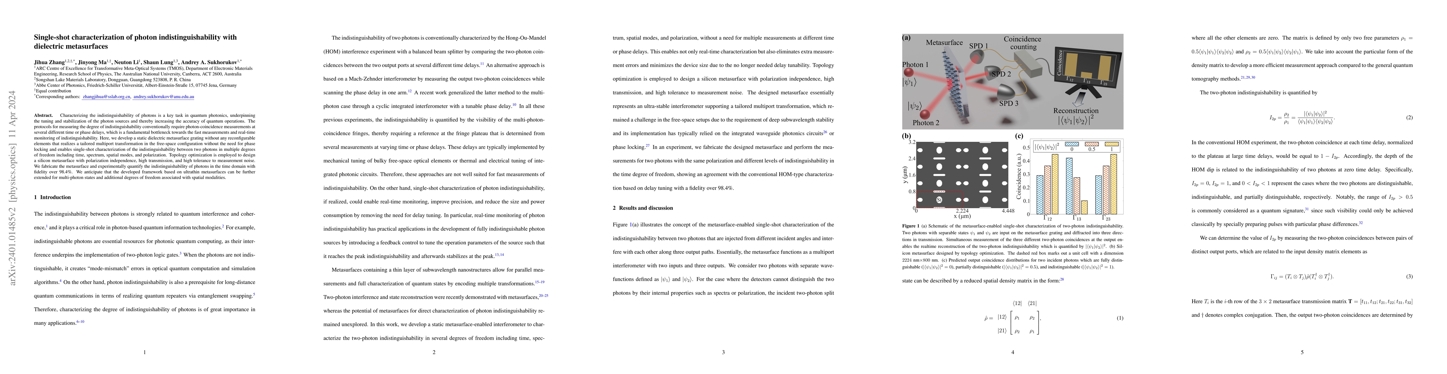 Thumbnail for Single-shot characterization of photon indistinguishability with
  dielectric metasurfaces