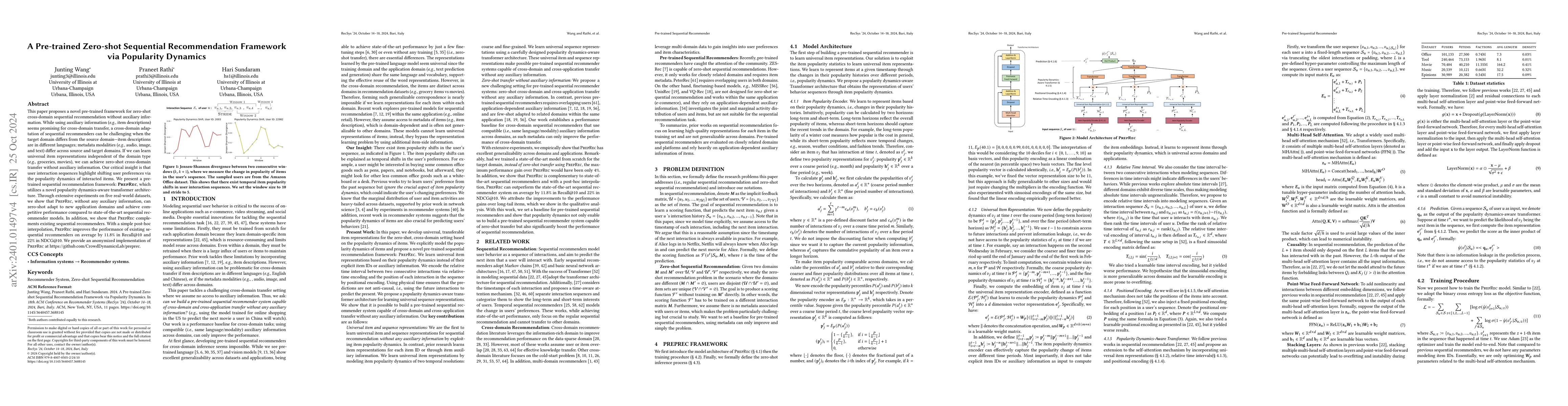 Thumbnail for A Pre-trained Sequential Recommendation Framework: Popularity Dynamics
  for Zero-shot Transfer