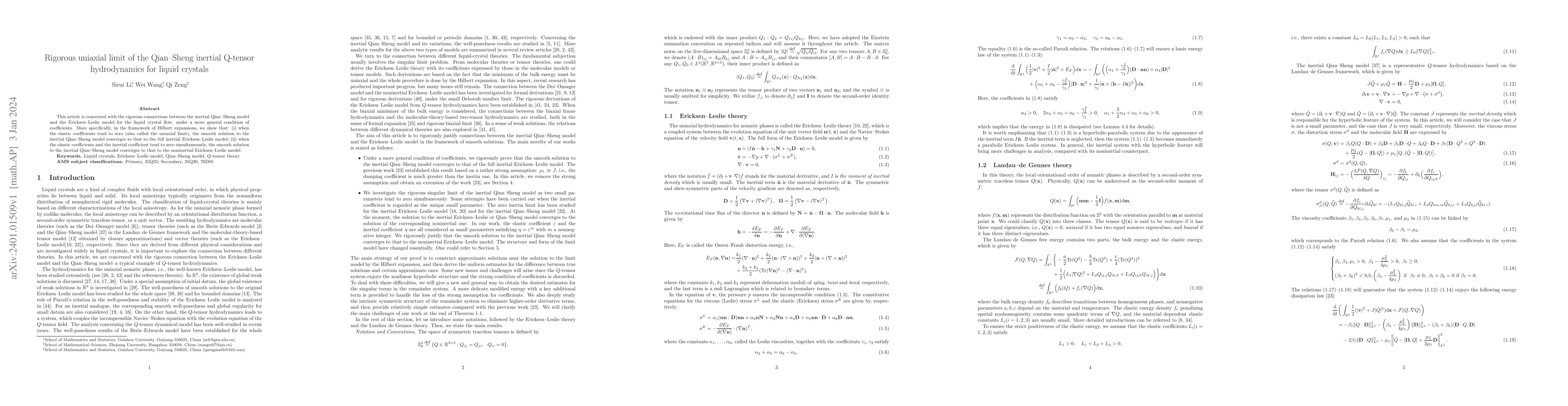 Thumbnail for Rigorous uniaxial limit of the Qian--Sheng inertial Q-tensor
  hydrodynamics for liquid crystals