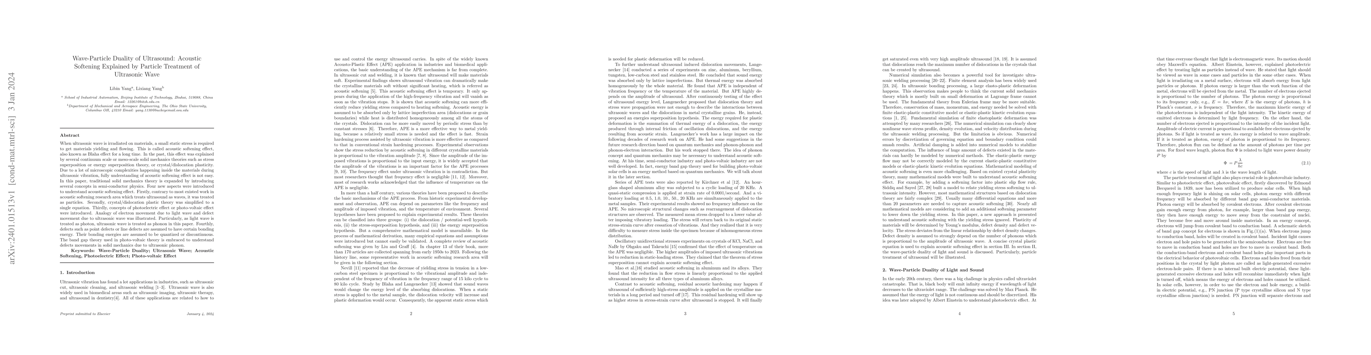 Thumbnail for Wave-Particle Duality of Ultrasound: Acoustic Softening Explained by
  Particle Treatment of Ultrasonic Wave