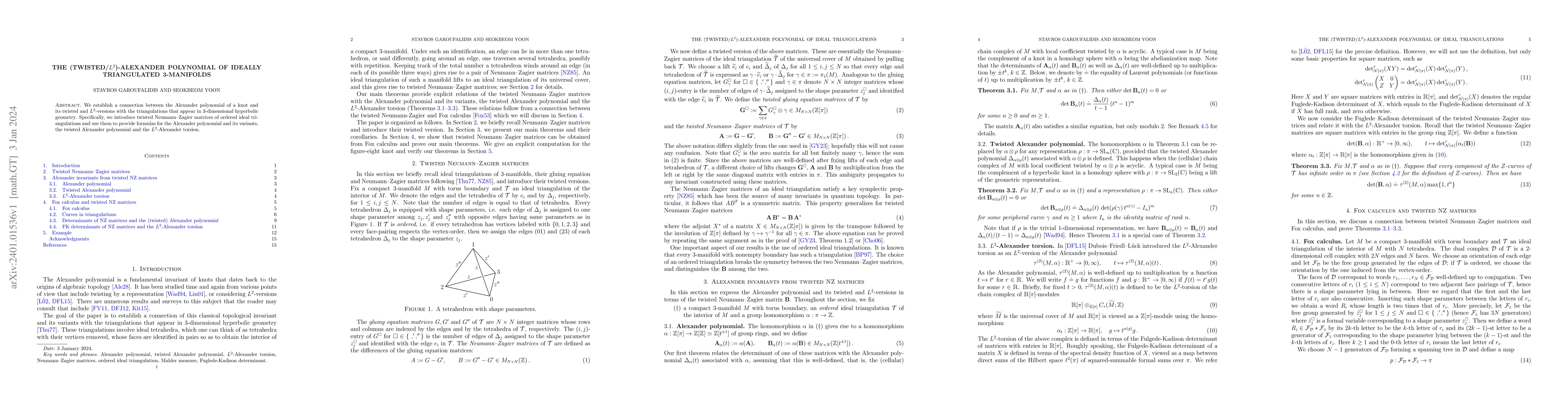 Thumbnail for The (twisted/$L^2$)-Alexander polynomial of ideally triangulated
  3-manifolds