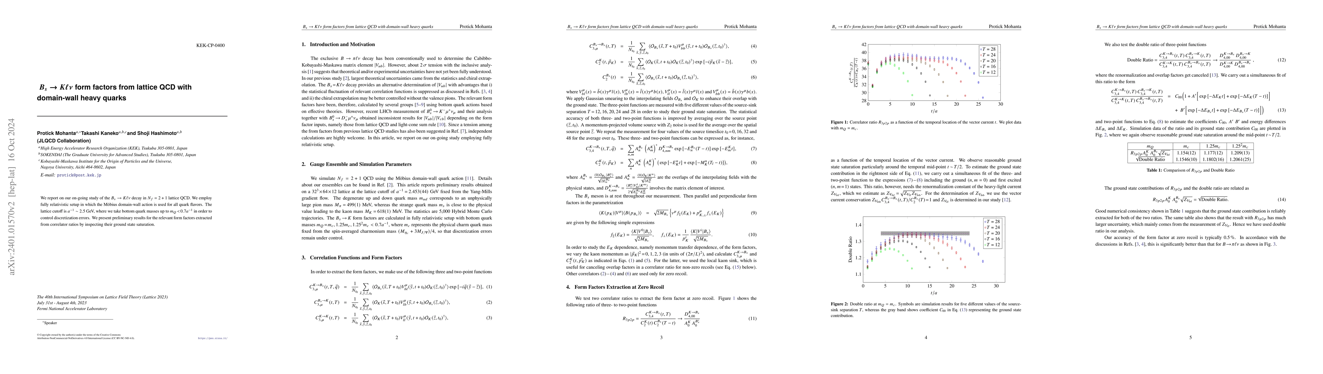 Thumbnail for $B_s \to K\ell\nu$ form factors from lattice QCD with domain-wall heavy
  quarks