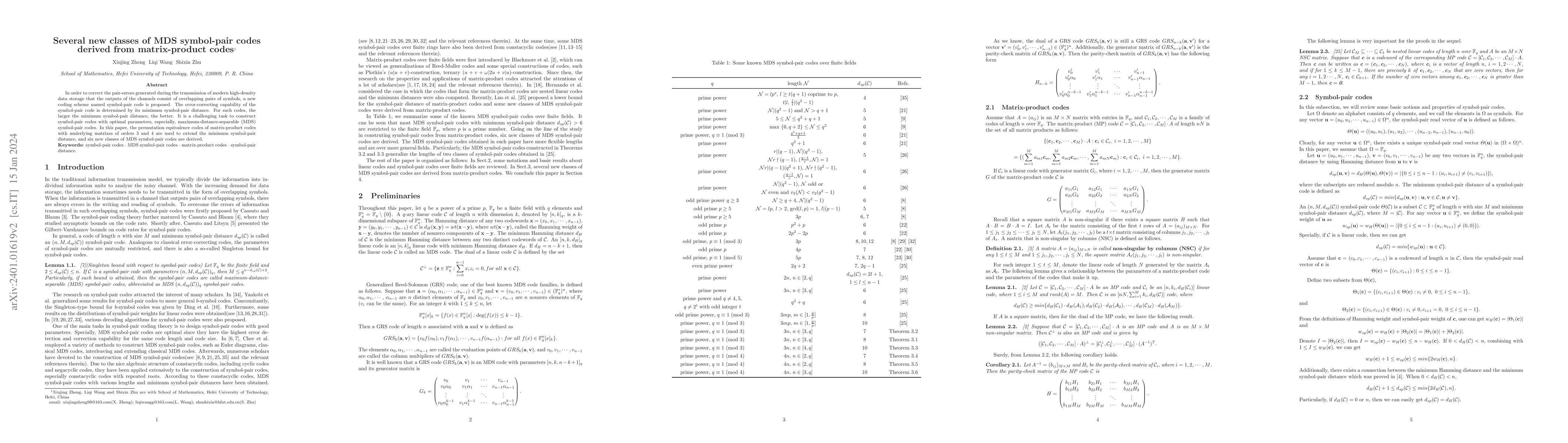 Thumbnail for Several new classes of MDS symbol-pair codes derived from matrix-product
  codes